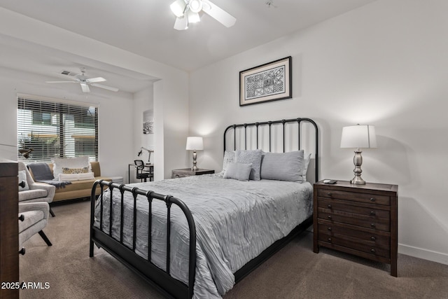 carpeted bedroom with a ceiling fan and baseboards