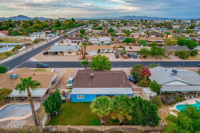 drone / aerial view featuring a mountain view