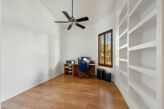 office area with ceiling fan and light wood-type flooring