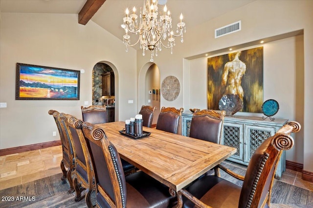 dining room featuring high vaulted ceiling, beamed ceiling, and an inviting chandelier