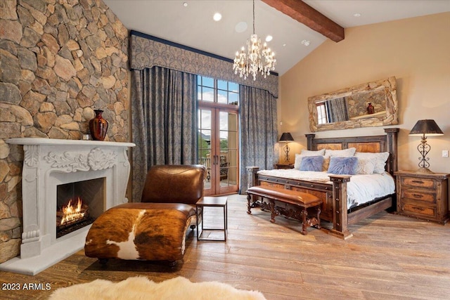 bedroom with beam ceiling, access to exterior, high vaulted ceiling, wood-type flooring, and french doors