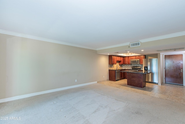 7970 E Camelback Rd Unit 604, Scottsdale, AZ 85251 - kitchen with appliances with stainless steel finishes, crown molding, decorative backsplash, open floor plan, and light carpet