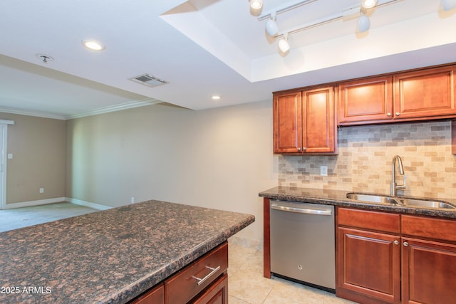 7970 E Camelback Rd Unit 604, Scottsdale, AZ 85251 - kitchen with dishwasher, a sink, dark stone counters, backsplash, and crown molding