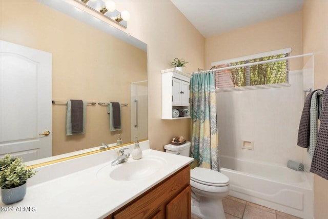 full bathroom with vanity, shower / bath combo, toilet, and tile patterned flooring