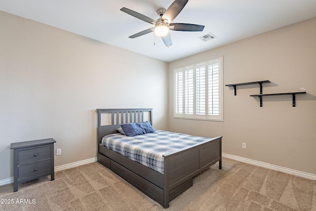 bedroom featuring visible vents, ceiling fan, baseboards, and carpet floors