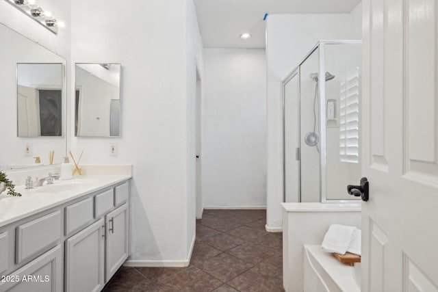 28814 N 45th St, Cave Creek, AZ 85331 - bathroom featuring a shower stall, vanity, tile patterned flooring, baseboards, and a tub to relax in