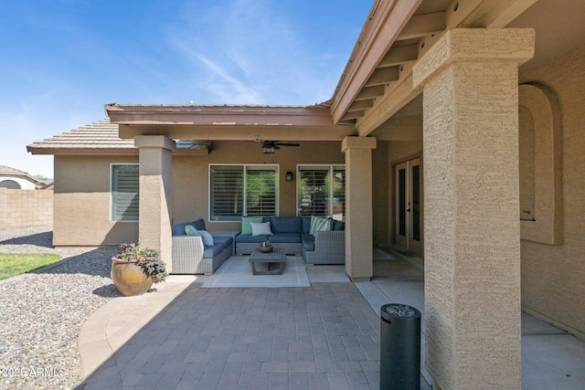 28814 N 45th St, Cave Creek, AZ 85331 - view of patio featuring ceiling fan, an outdoor hangout area, and french doors