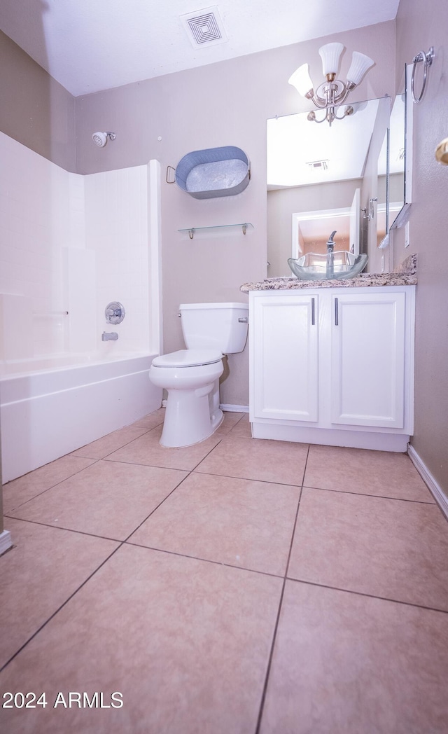 full bathroom featuring vanity, ceiling fan, shower / bathing tub combination, tile patterned flooring, and toilet