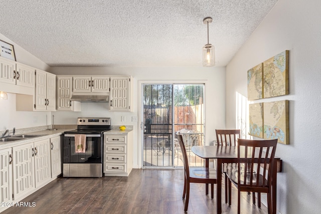 kitchen featuring sink, dark hardwood / wood-style floors, pendant lighting, lofted ceiling, and stainless steel electric range