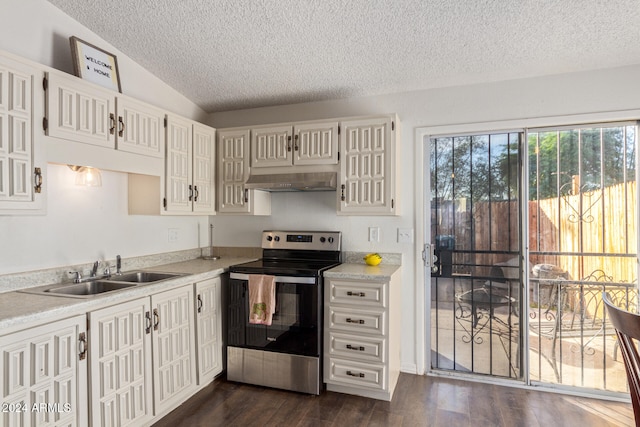 kitchen featuring white cabinetry, electric range, sink, dark wood-type flooring, and vaulted ceiling