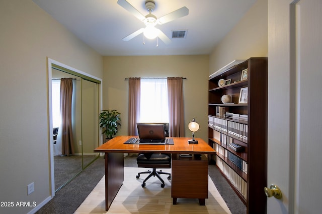 office featuring visible vents and a ceiling fan