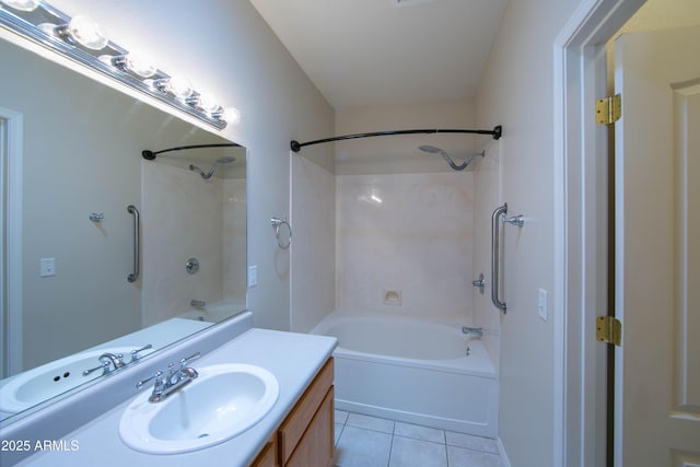 bathroom with tile patterned flooring, bathtub / shower combination, and vanity