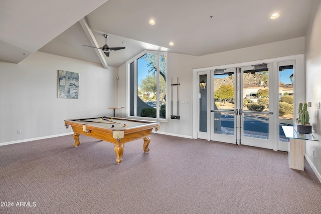 playroom featuring ceiling fan, carpet, and pool table