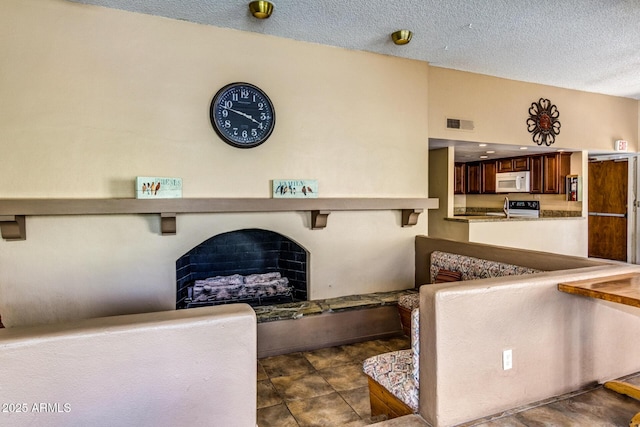 living room with a stone fireplace and a textured ceiling