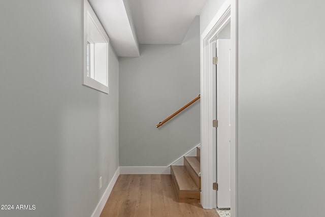 staircase featuring hardwood / wood-style flooring