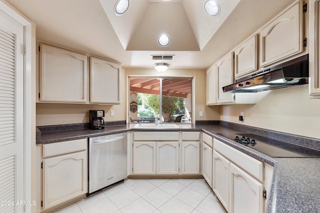 kitchen featuring light tile patterned floors, stainless steel dishwasher, vaulted ceiling, black electric cooktop, and sink