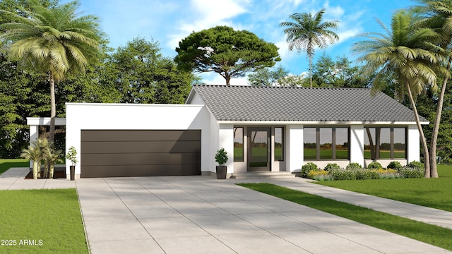 view of front facade with stucco siding, driveway, a front yard, a garage, and a tiled roof