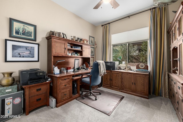 office area with ceiling fan and light colored carpet