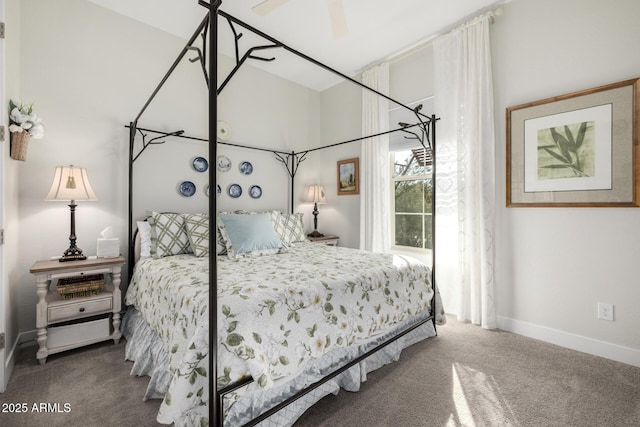 bedroom with ceiling fan and carpet