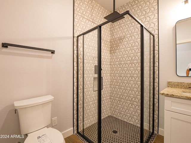 bathroom with vanity, toilet, wood-type flooring, and walk in shower