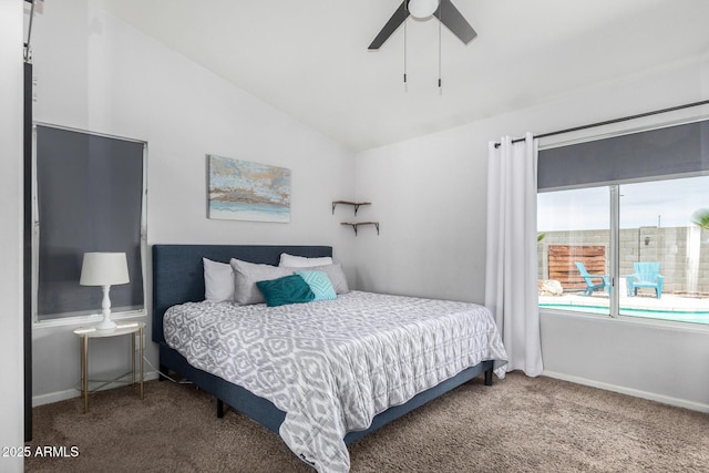 bedroom featuring carpet floors, baseboards, ceiling fan, and lofted ceiling