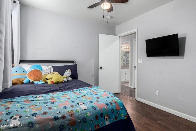 bedroom with baseboards, ceiling fan, and wood finished floors