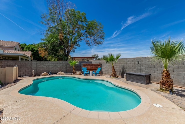 view of swimming pool featuring a fenced backyard, a fenced in pool, and a patio area