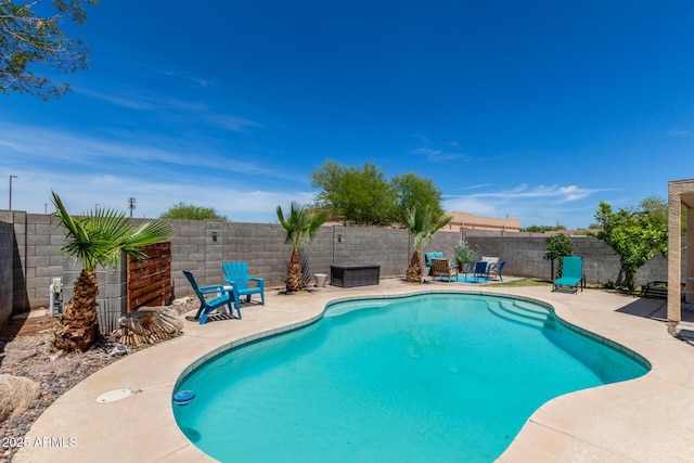 view of swimming pool featuring a fenced in pool, a fenced backyard, and a patio area