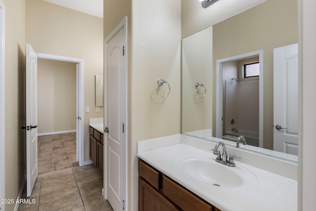 bathroom featuring vanity, tile patterned floors, and shower / tub combination