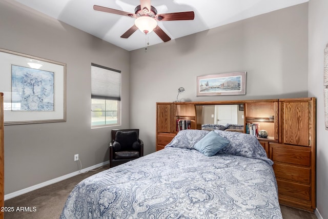 bedroom featuring carpet, baseboards, and ceiling fan