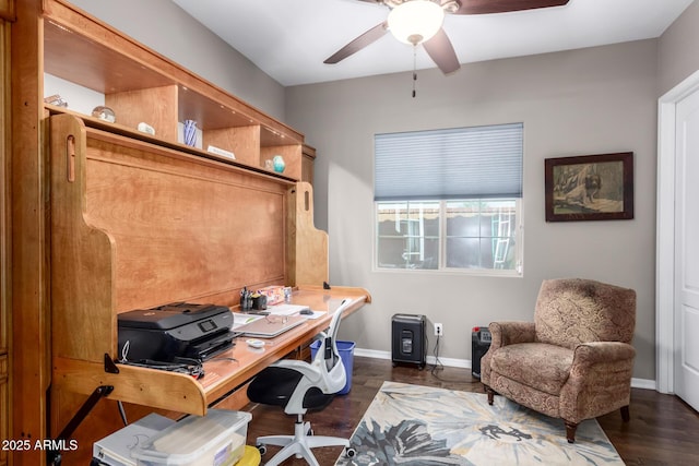 office area featuring ceiling fan, baseboards, and wood finished floors