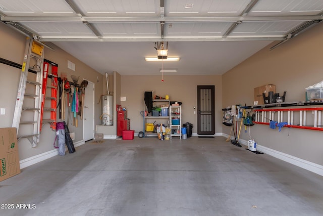 garage with baseboards, gas water heater, and a garage door opener