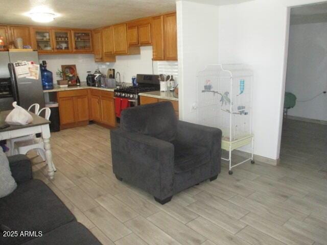 1815 E Illini St, Phoenix, AZ 85040 - kitchen featuring light countertops, light wood-style floors, glass insert cabinets, and appliances with stainless steel finishes
