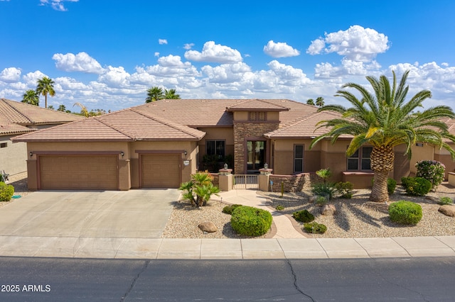 20609 N Canyon Whisper Dr, Surprise, AZ 85387 - view of front of home with fence, a tile roof, a garage, stucco siding, and concrete driveway