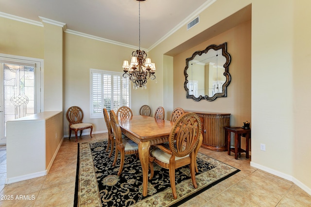 20609 N Canyon Whisper Dr, Surprise, AZ 85387 - dining space with visible vents, ornamental molding, light tile patterned floors, and a chandelier