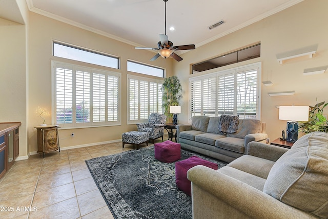 20609 N Canyon Whisper Dr, Surprise, AZ 85387 - living room featuring crown molding, a ceiling fan, and light tile patterned floors