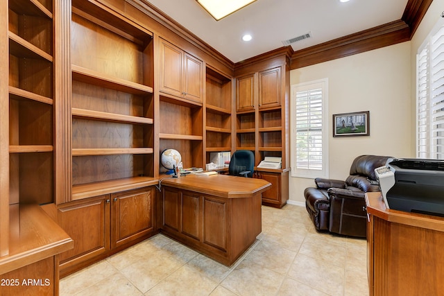20609 N Canyon Whisper Dr, Surprise, AZ 85387 - office featuring crown molding, visible vents, baseboards, built in study area, and light tile patterned floors