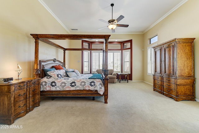 20609 N Canyon Whisper Dr, Surprise, AZ 85387 - bedroom with ceiling fan, visible vents, crown molding, baseboards, and light carpet
