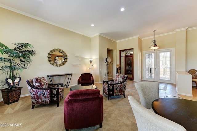 20609 N Canyon Whisper Dr, Surprise, AZ 85387 - living area featuring french doors, ornamental molding, baseboards, and light carpet