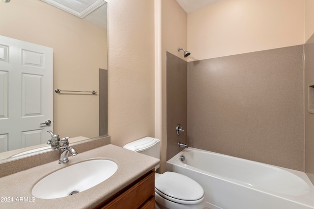 full bathroom featuring vanity, bathtub / shower combination, and toilet