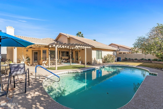 view of pool featuring a pergola, a patio area, and central air condition unit