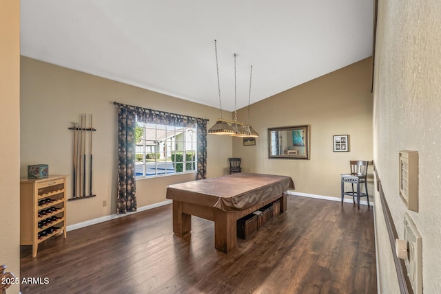 playroom with dark wood-type flooring, billiards, and lofted ceiling