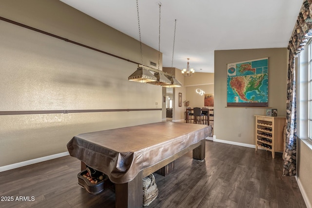 game room featuring lofted ceiling, billiards, and dark wood-type flooring