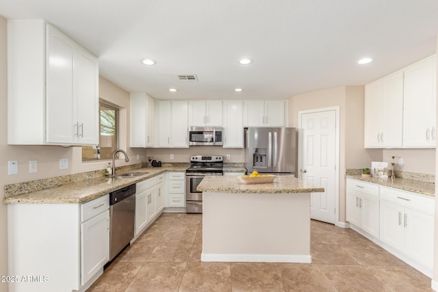 kitchen with white cabinets, visible vents, appliances with stainless steel finishes, and a sink