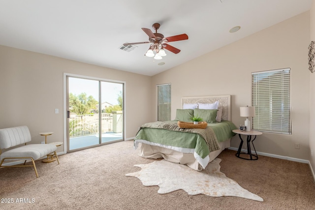 bedroom with visible vents, carpet floors, vaulted ceiling, and access to outside