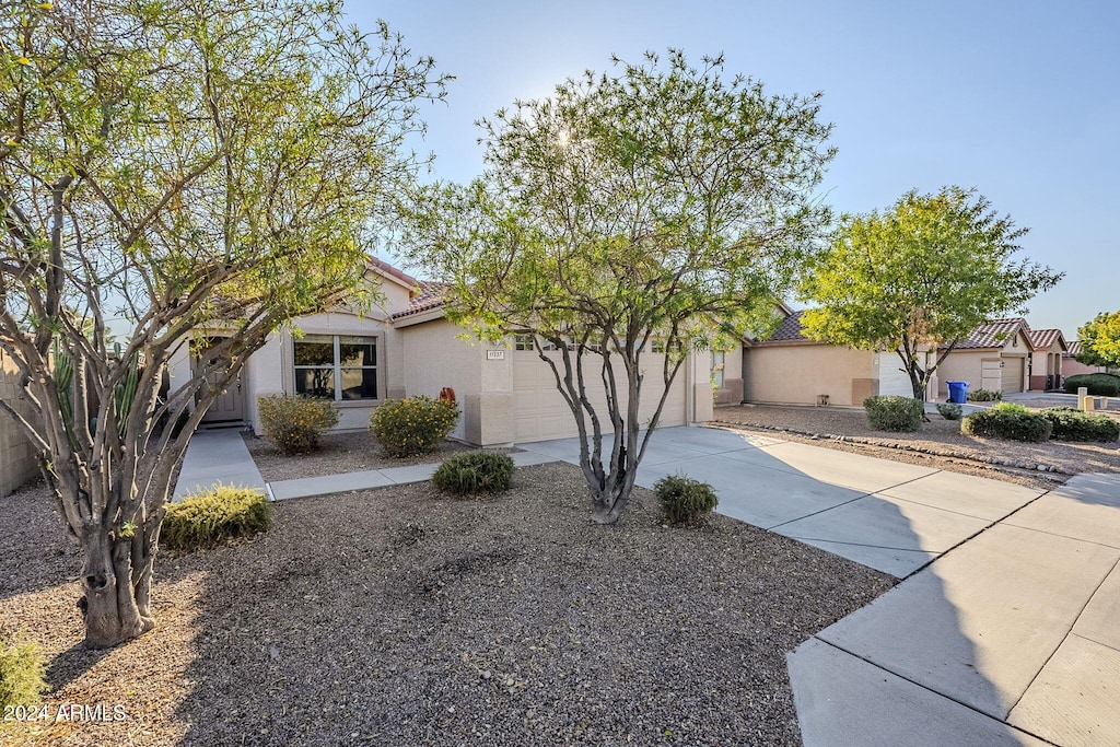 view of property hidden behind natural elements featuring a garage