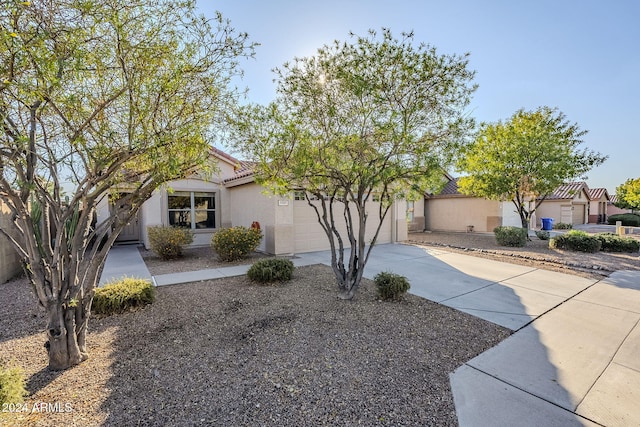 view of property hidden behind natural elements featuring a garage