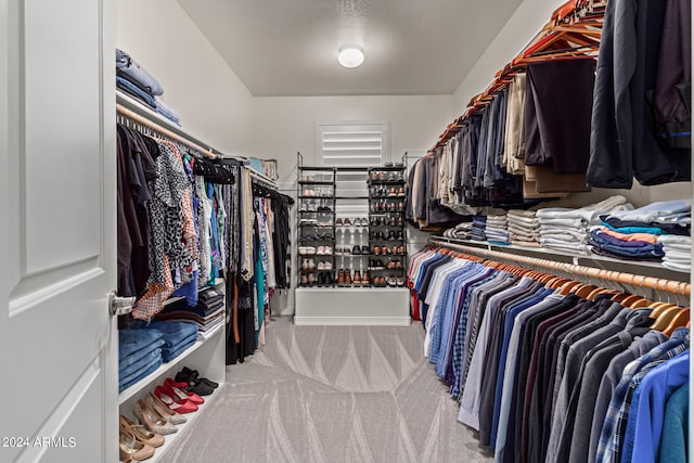 spacious closet featuring light colored carpet