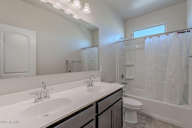 full bathroom with toilet, tile patterned flooring, shower / tub combo, and vanity