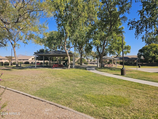 view of community featuring a gazebo and a lawn